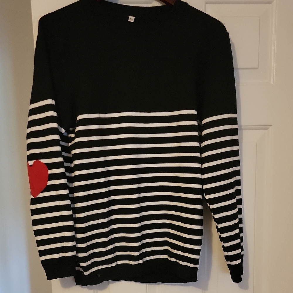 Black and White Striped Sweater with Red Heart Patch